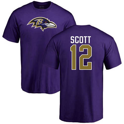 Men Baltimore Ravens Purple Jaleel Scott Name and Number Logo NFL Football #12 T Shirt